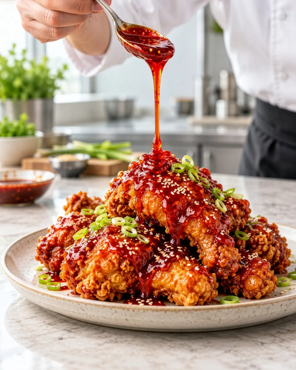 Chef drizzling sauce