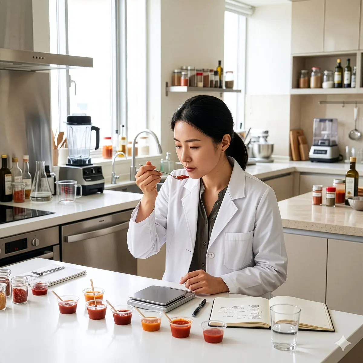 R&D researcher tasting sauce